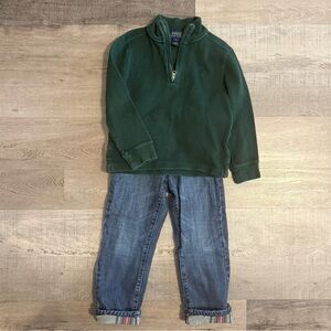 5 Boys Holiday Green Pullover and Plaid Lined Blue Jeans Set